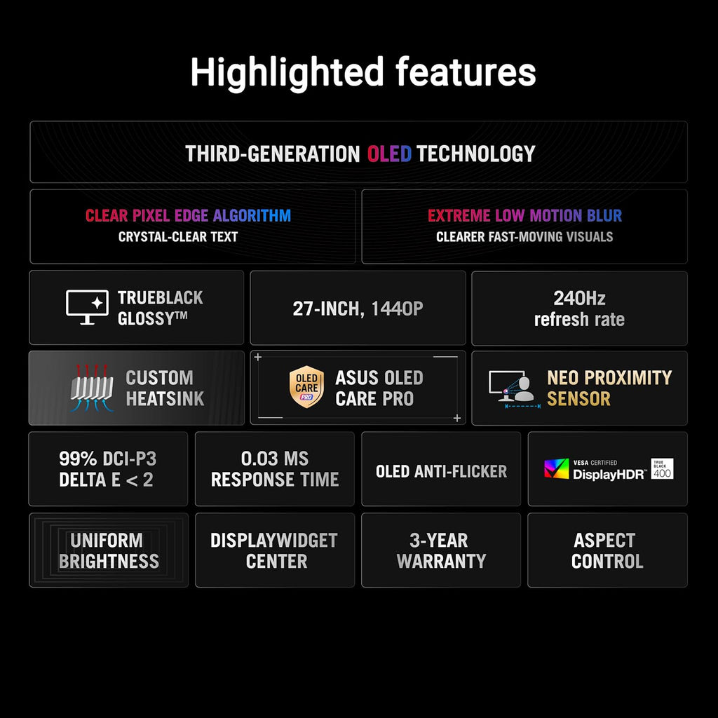 ASUS ROG Strix 27” OLED Gaming Monitor (XG27AQDMGR) - 27-Inch (26.5-Inch Viewable) 1440P Trueblack Glossy, 240 Hz, Neo Proximity Sensor, OLED Care Pro, ELMB, Displaywidget Center
