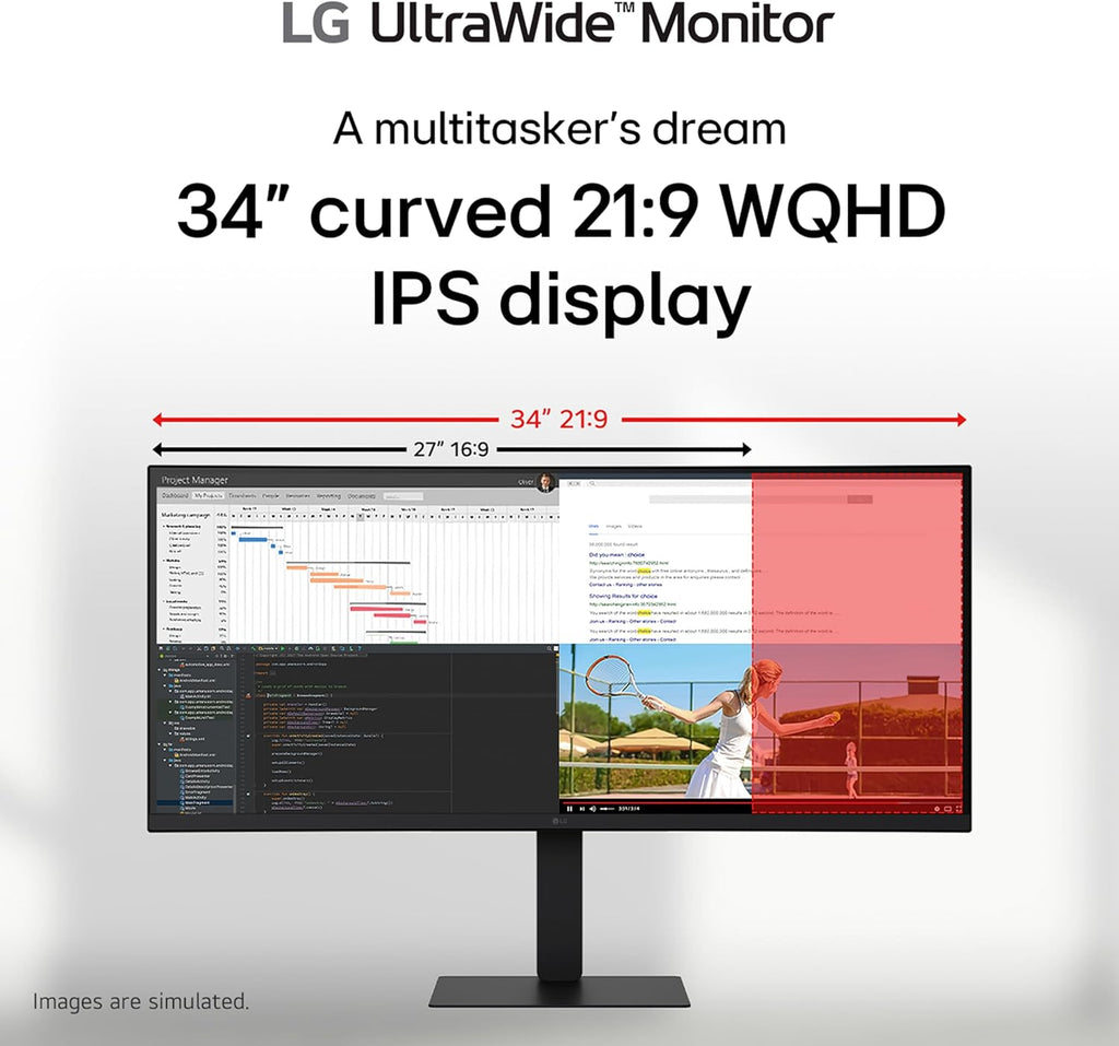 LG 34U650A-B 34-Inch Ultrawide WQHD (3440 X 1440) IPS Curved Wide Computer Monitor, 100Hz, HDR10, Built-In Speaker, HDMI, Displayport, USB Type-C PD 96W, Tilt/Height/Swivel Adjustable Stand, Black