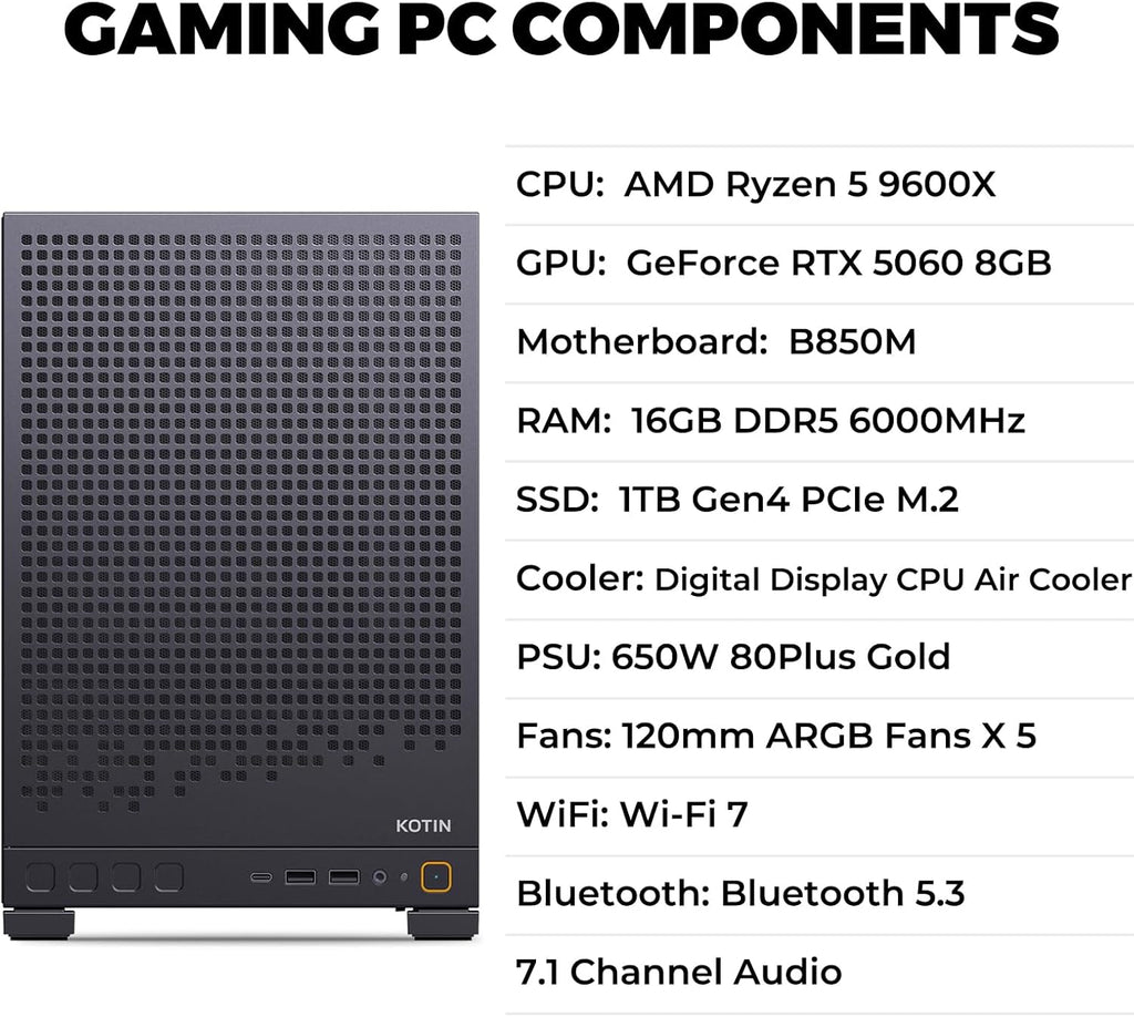Prebuilt Gaming PC Desktop, AMD Ryzen 5 9600X up to 5.4Ghz, Geforce RTX 5060 8GB, 16GB DDR5-6000, 1TB Pcie 4.0 Nvme SSD, 650W 80+ Gold PSU, Wifi 7, Win 11 Home, 1080P/1440P Gaming Tower
