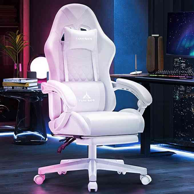 White ergonomic gaming office chair with footrest and quilted leather