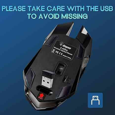 Wireless gaming mouse with USB receiver, ergonomic design, and LED lights