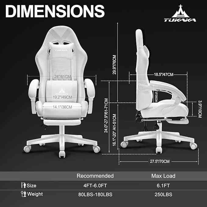 White ergonomic gaming chair with adjustable seat height, 360° swivel, and tilt lock