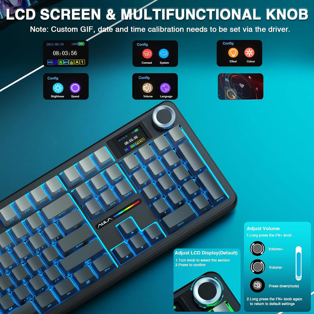 F108 PRO - Wireless Mechanical Keyboard with Screen & Knob,Full Size Keyboard with 8000Mah Battery,Pre-Lubed Switches,Side Printed PBT Keycaps,Rgb Backlit Hot Swappable Custom Gaming Keyboards