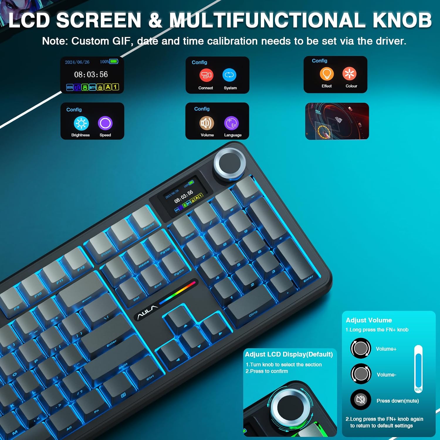 F108 PRO - Wireless Mechanical Keyboard with Screen & Knob,Full Size Keyboard with 8000Mah Battery,Pre-Lubed Switches,Side Printed PBT Keycaps,Rgb Backlit Hot Swappable Custom Gaming Keyboards