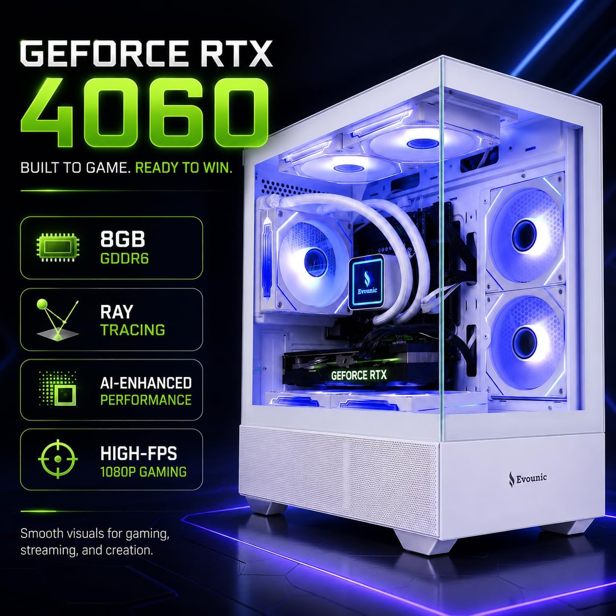 Gaming Desktop PC Computer Liquid Cooled 12-Core Processor, Geforce RTX 4060 GDDR6, 64GB RAM, 512GB Nvme SSD + 1TB HDD, Wifi 6 & BT 5.4, 7× ARGB Fans, 650W PSU, Windows 11