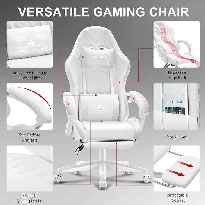 Versatile white gaming chair with high back, soft armrests, and storage bag for gaming setup
