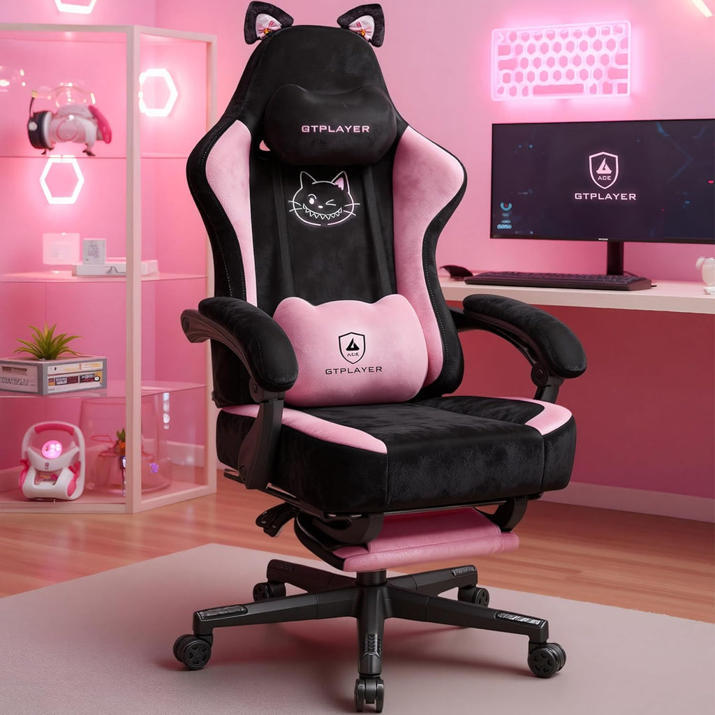 Pink Gaming Chair Cute with Cat Ears Ergonomic Computer Chair with Cat Embroidery Adjustable Memory Foam Lumbar Support and Headrest Comfortable Reclining Office Chair Soft Velvet Fabric