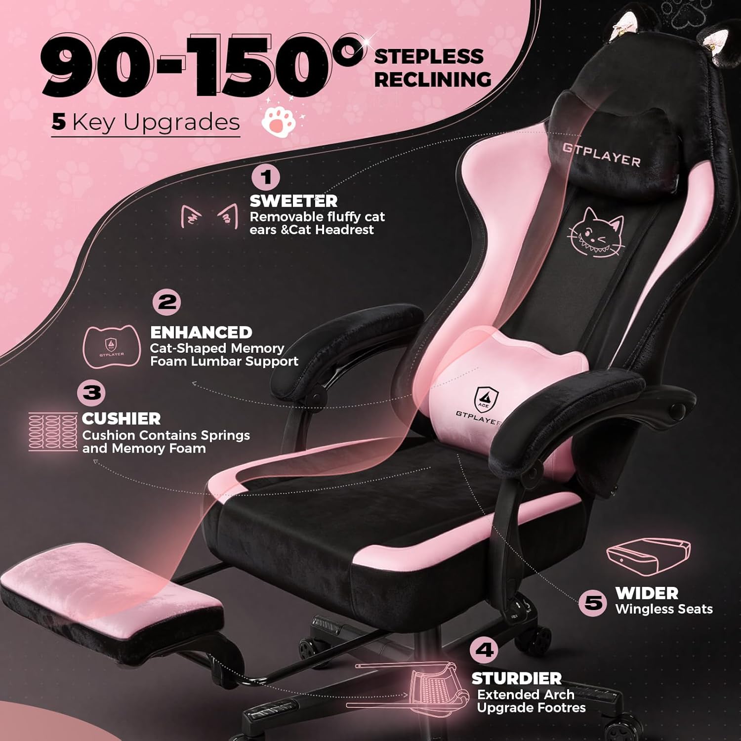 Pink Gaming Chair Cute with Cat Ears Ergonomic Computer Chair with Cat Embroidery Adjustable Memory Foam Lumbar Support and Headrest Comfortable Reclining Office Chair Soft Velvet Fabric