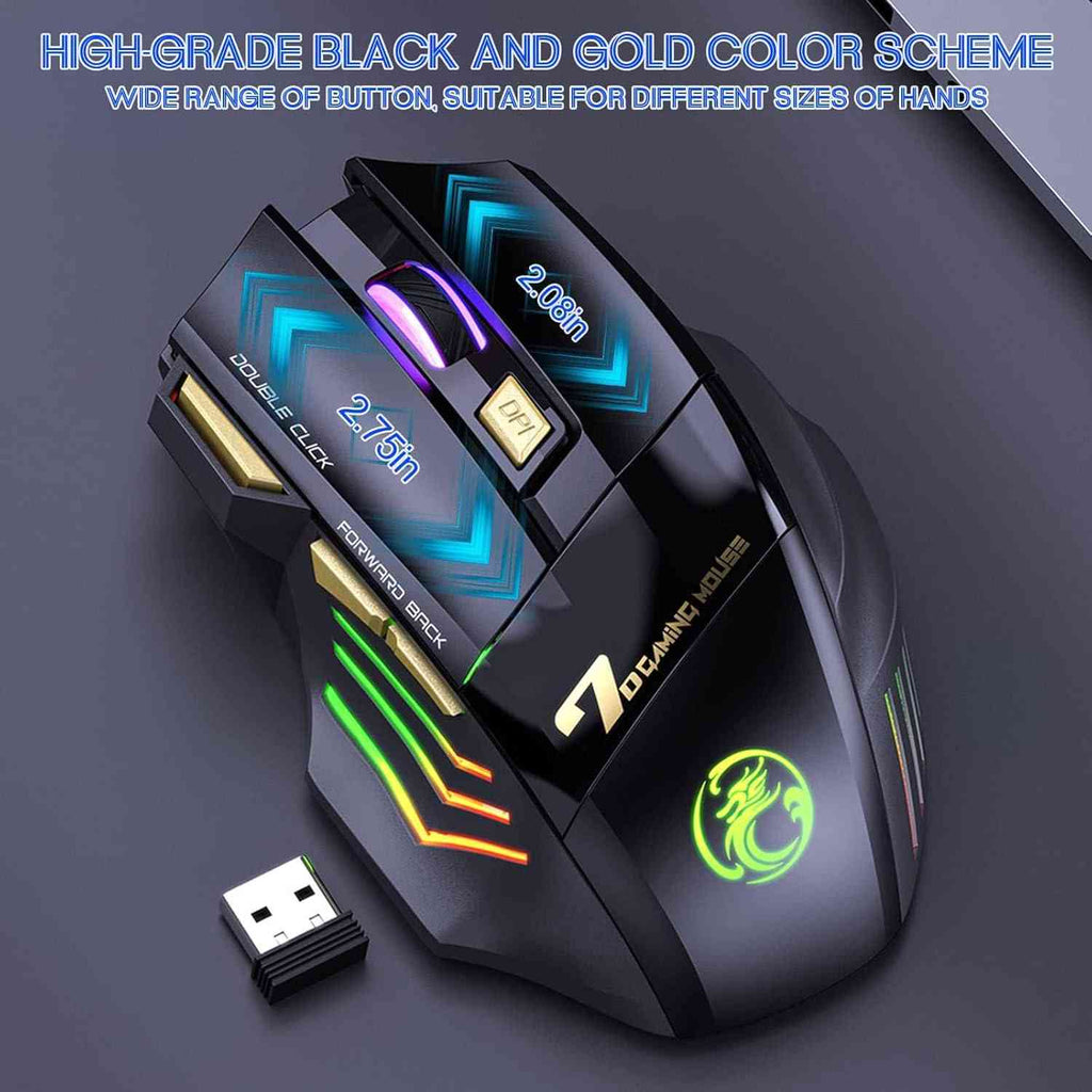 Black gaming mouse with colorful LED lighting and high DPI