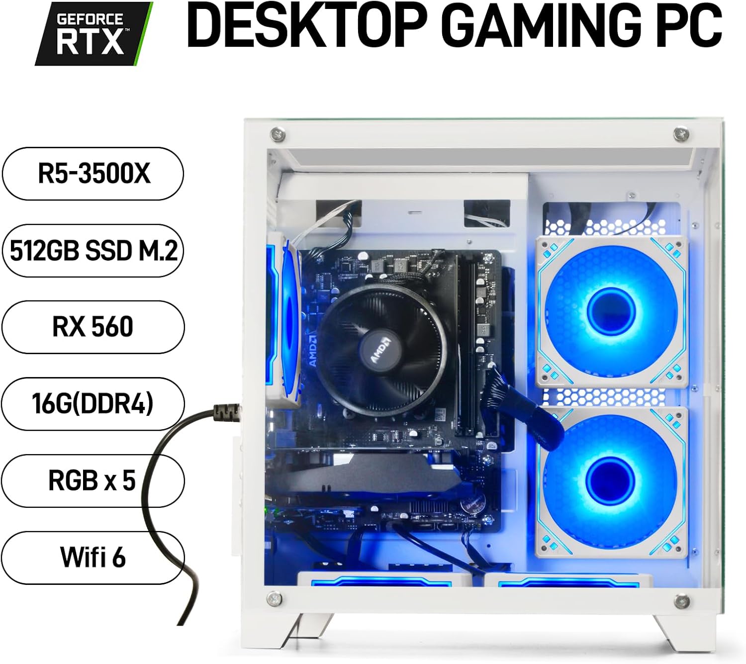 Prebuilt Gaming PC Desktop | Ryzen 5 up to 4.1G | RX 560 4G Graphics Card | 16G DDR4 RAM | 512G SSD | Wi-Fi 6 | Tower Computer for Home Office, Student & Casual Gaming (White)
