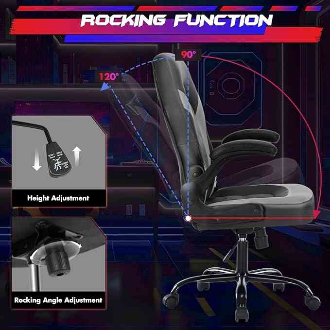 Gaming chair with adjustable rocking angle and height, ergonomic design, black leather, office furniture