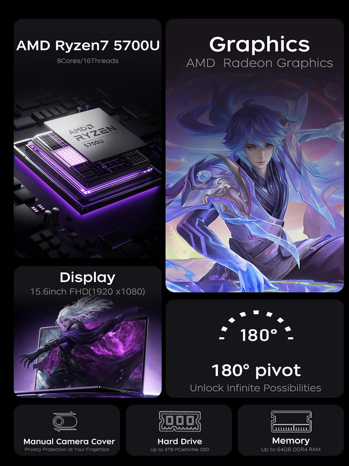 Gaming Laptop, 15.6Inch Laptop Computer with AMD Ryzen 7 5700U(8C/16T, up to 4.3Ghz), 16GB RAM 512GB Nvme SSD Windows 11 Laptop, Radeon RX Vega 8 Graphics,Wifi 6, Webcam Cover Slide