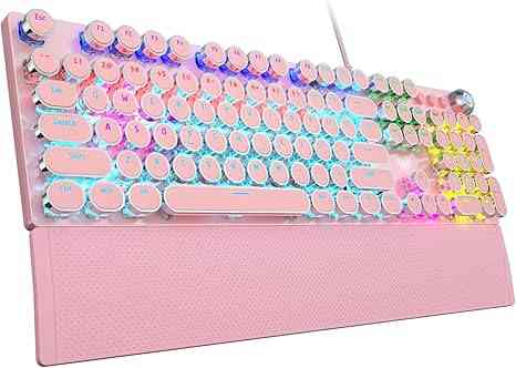 Pink RGB mechanical gaming keyboard with round retro style keycaps and rainbow backlit