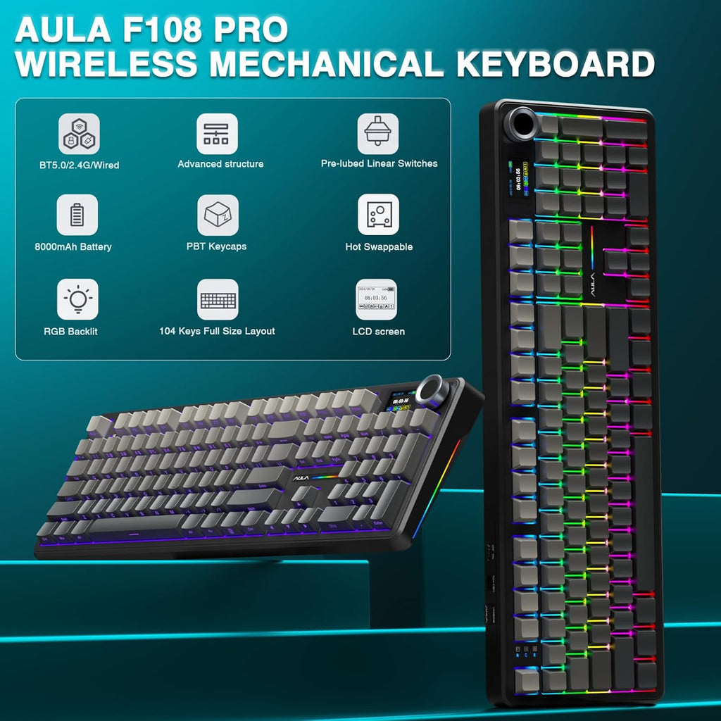 F108 PRO - Wireless Mechanical Keyboard with Screen & Knob,Full Size Keyboard with 8000Mah Battery,Pre-Lubed Switches,Side Printed PBT Keycaps,Rgb Backlit Hot Swappable Custom Gaming Keyboards