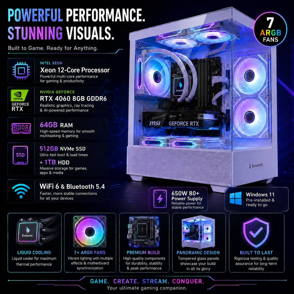 Gaming Desktop PC Computer Liquid Cooled 12-Core Processor, Geforce RTX 4060 GDDR6, 64GB RAM, 512GB Nvme SSD + 1TB HDD, Wifi 6 & BT 5.4, 7× ARGB Fans, 650W PSU, Windows 11