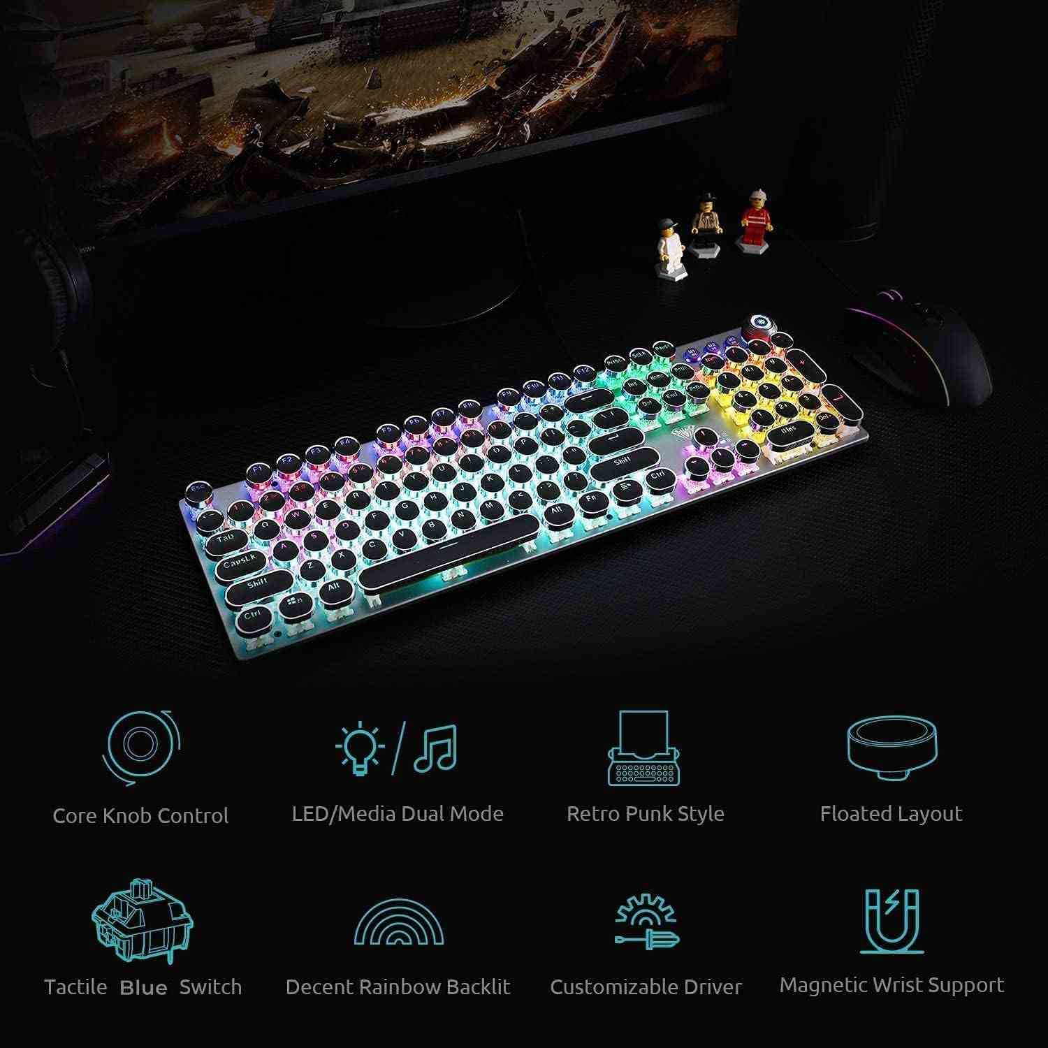 RGB gaming keyboard with colorful backlit and LEGO figures on desk