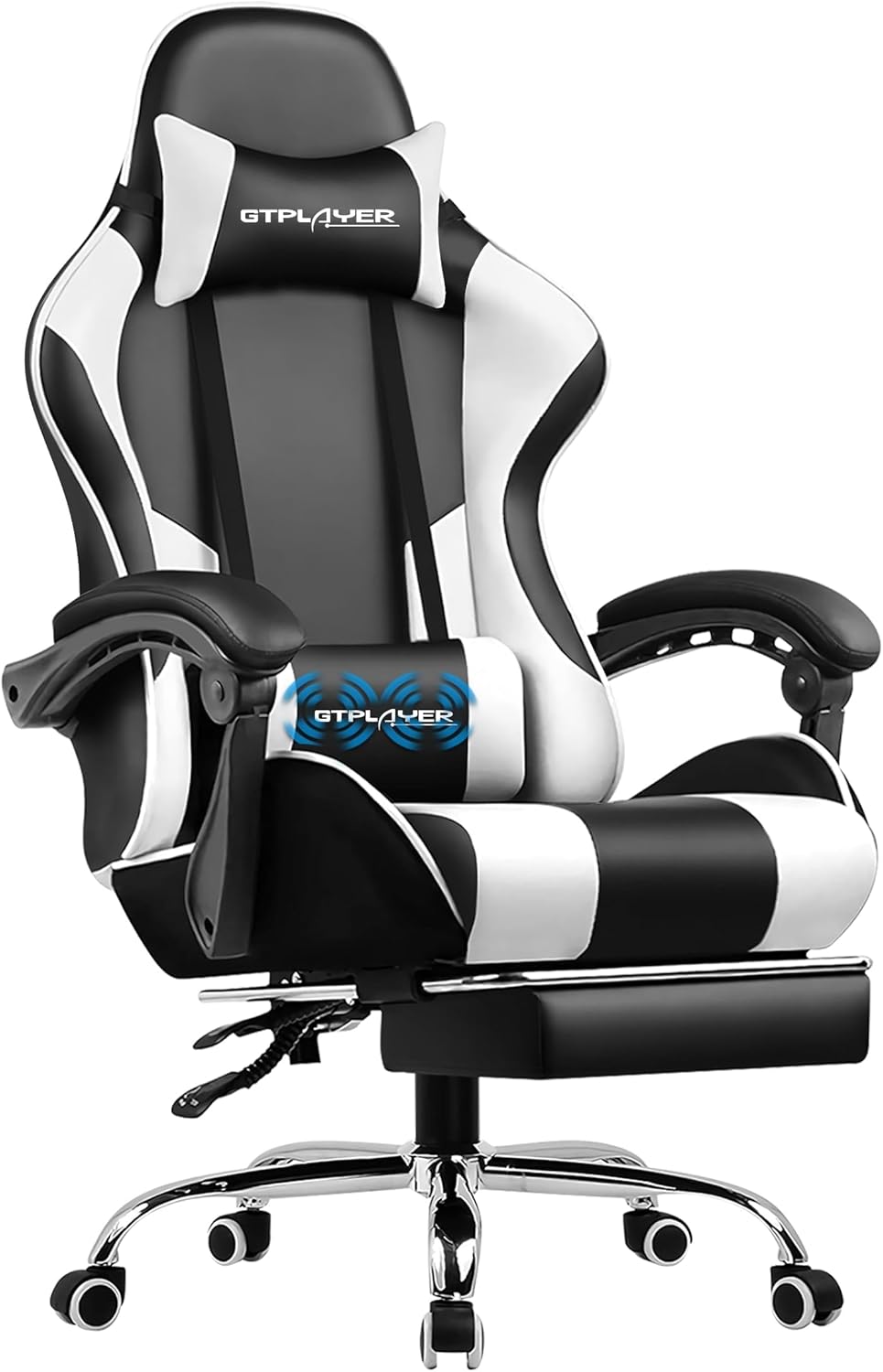 Gaming Chair, Computer Chair with Footrest and Lumbar Support, Height Adjustable Game Chair with 360°-Swivel Seat and Headrest and for Office or Gaming (Pearl White)