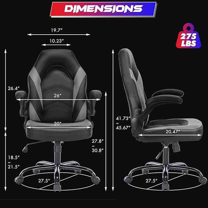Dimensions of gaming office chair, adjustable height, ergonomic design, black leather, 275 lbs capacity