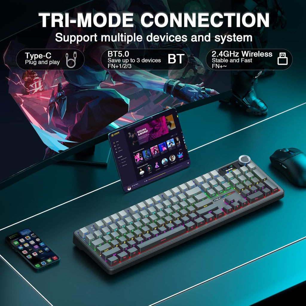 F108 PRO - Wireless Mechanical Keyboard with Screen & Knob,Full Size Keyboard with 8000Mah Battery,Pre-Lubed Switches,Side Printed PBT Keycaps,Rgb Backlit Hot Swappable Custom Gaming Keyboards