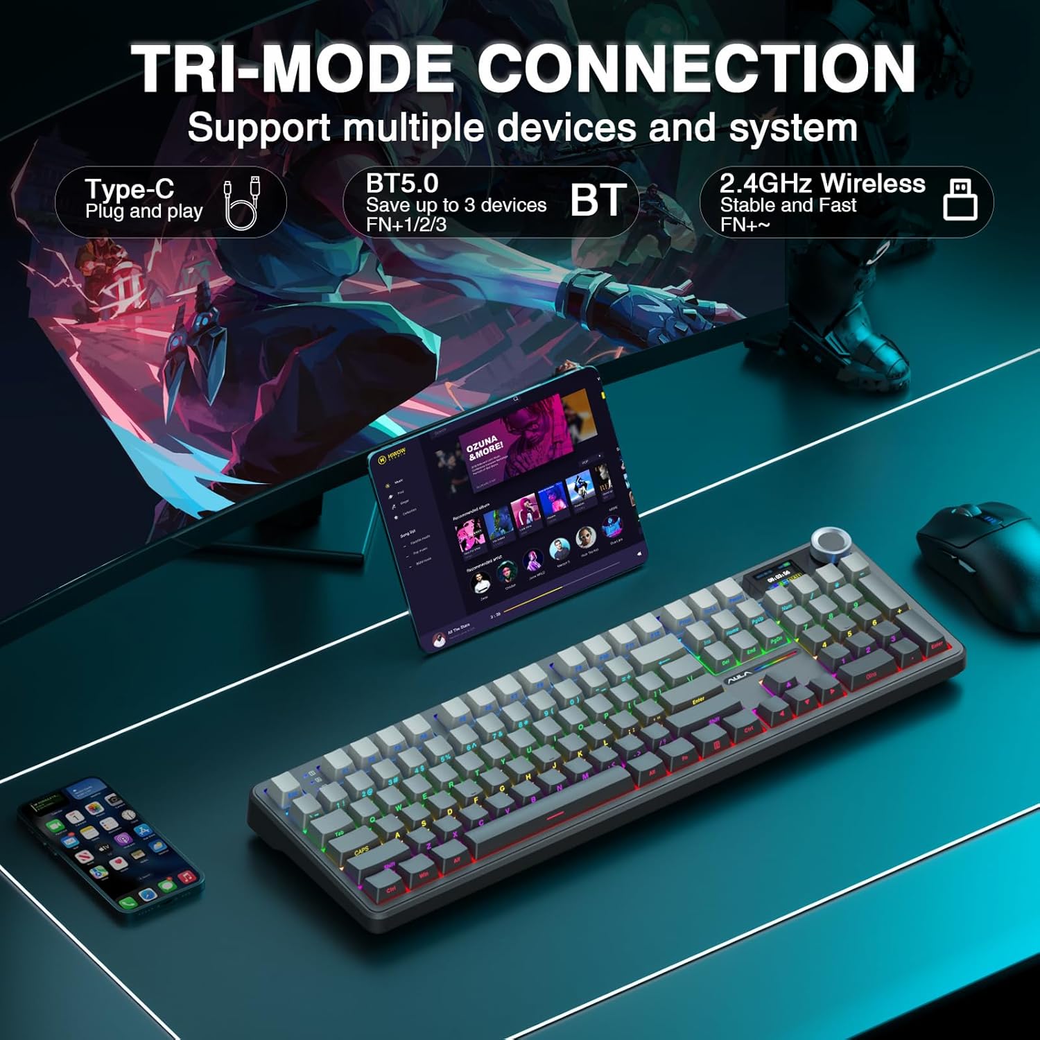 F108 PRO - Wireless Mechanical Keyboard with Screen & Knob,Full Size Keyboard with 8000Mah Battery,Pre-Lubed Switches,Side Printed PBT Keycaps,Rgb Backlit Hot Swappable Custom Gaming Keyboards