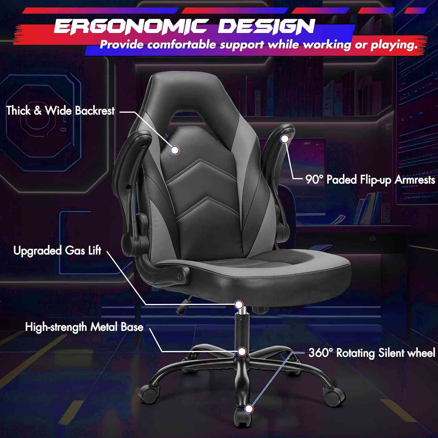Gaming chair with adjustable flip-up armrests and gas lift