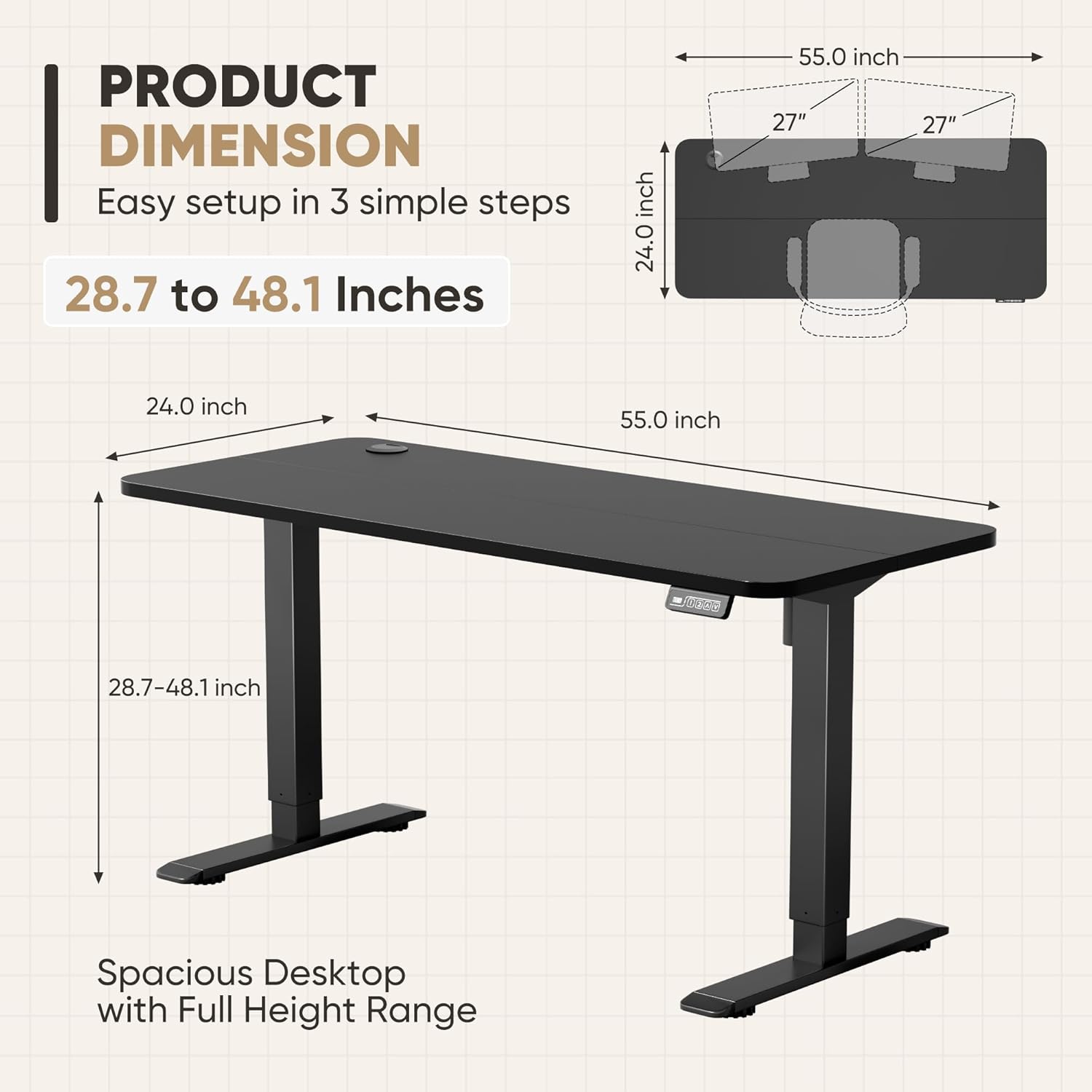 55 X 24 Inches Electric Height Adjustable Standing Desk Large Sit Stand up Desk Home Office Computer Desk Memory Preset with T-Shaped Metal Bracket, Black