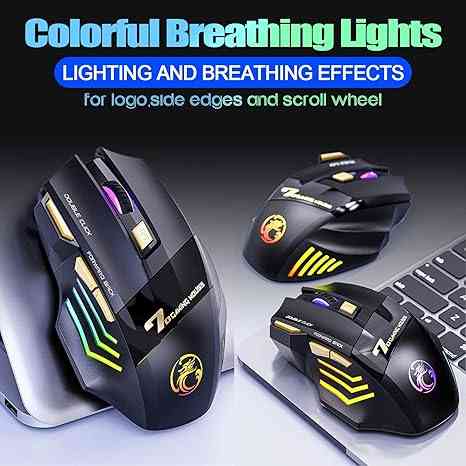 Colorful breathing LED lights on gaming mouse with logo and scroll wheel