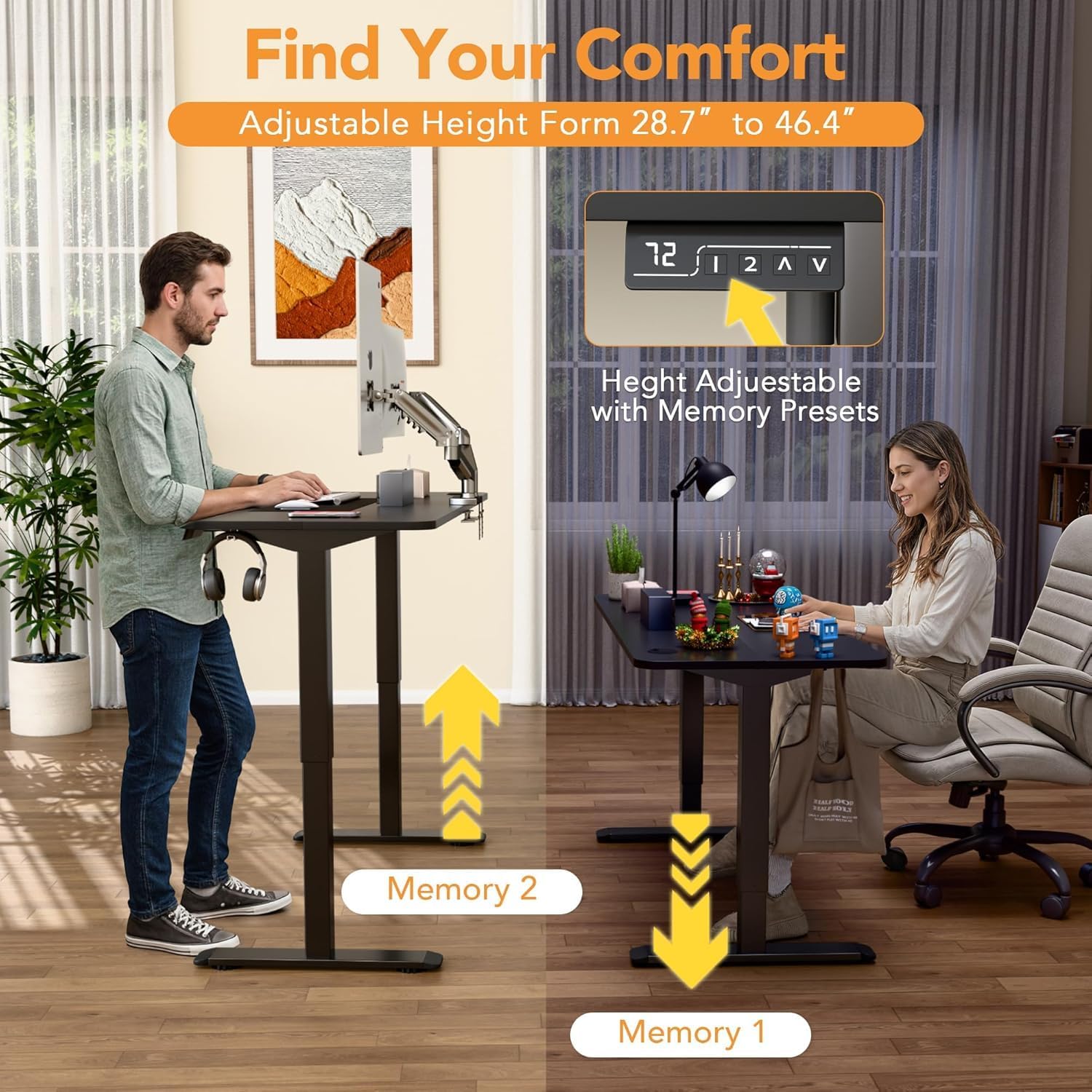 55 X 24 Inches Electric Height Adjustable Standing Desk Large Sit Stand up Desk Home Office Computer Desk Memory Preset with T-Shaped Metal Bracket, Black