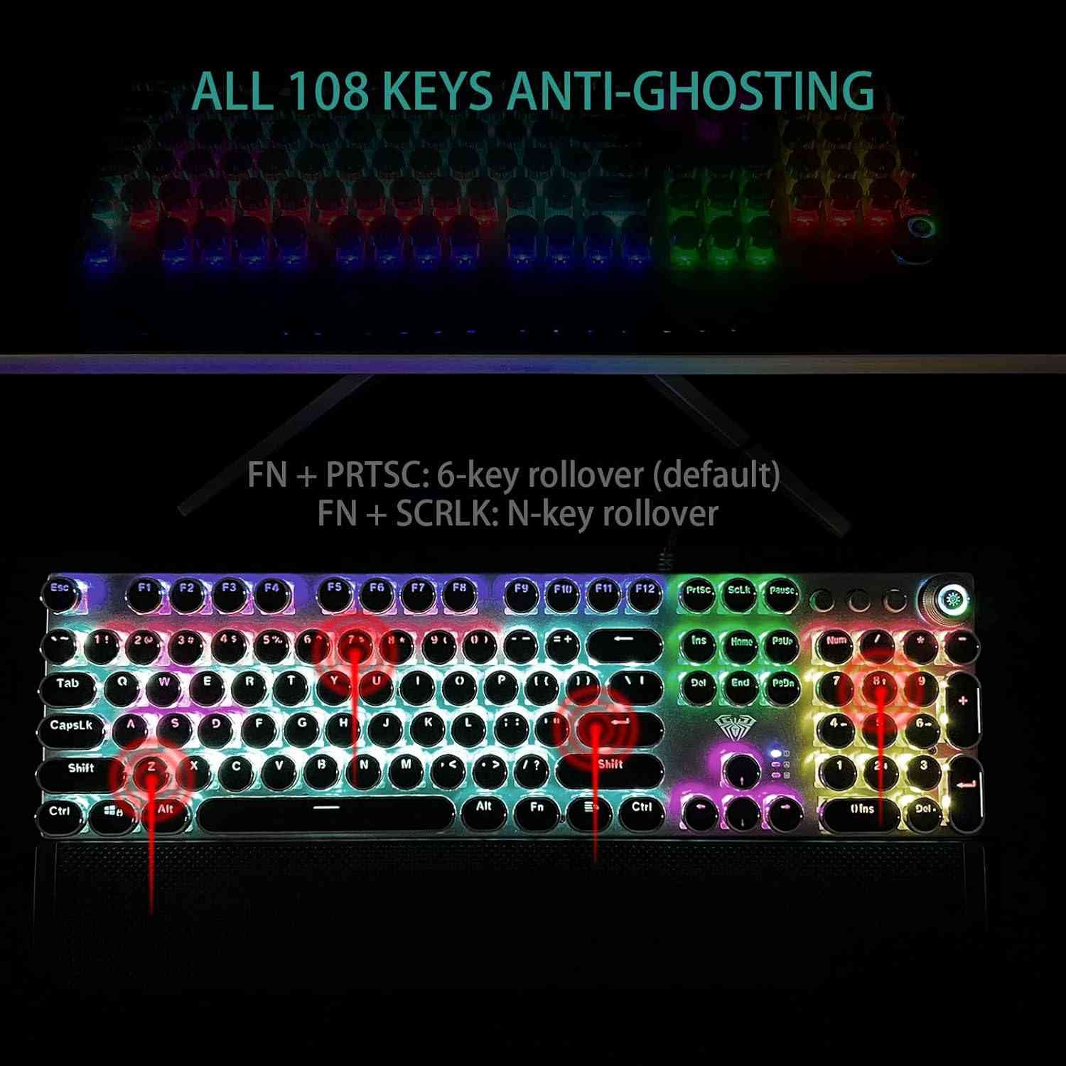 RGB mechanical gaming keyboard with 108 anti-ghosting keys and colorful backlit