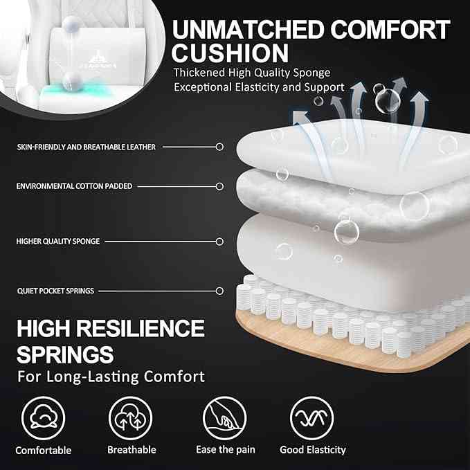 Comfortable gaming chair cushion with high resilience springs, breathable leather, and pocket springs