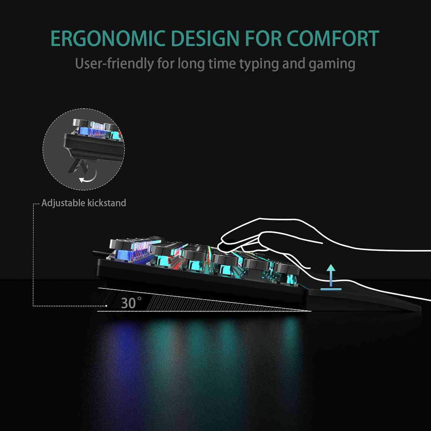 RGB gaming keyboard with rainbow backlit and ergonomic design on dark desk