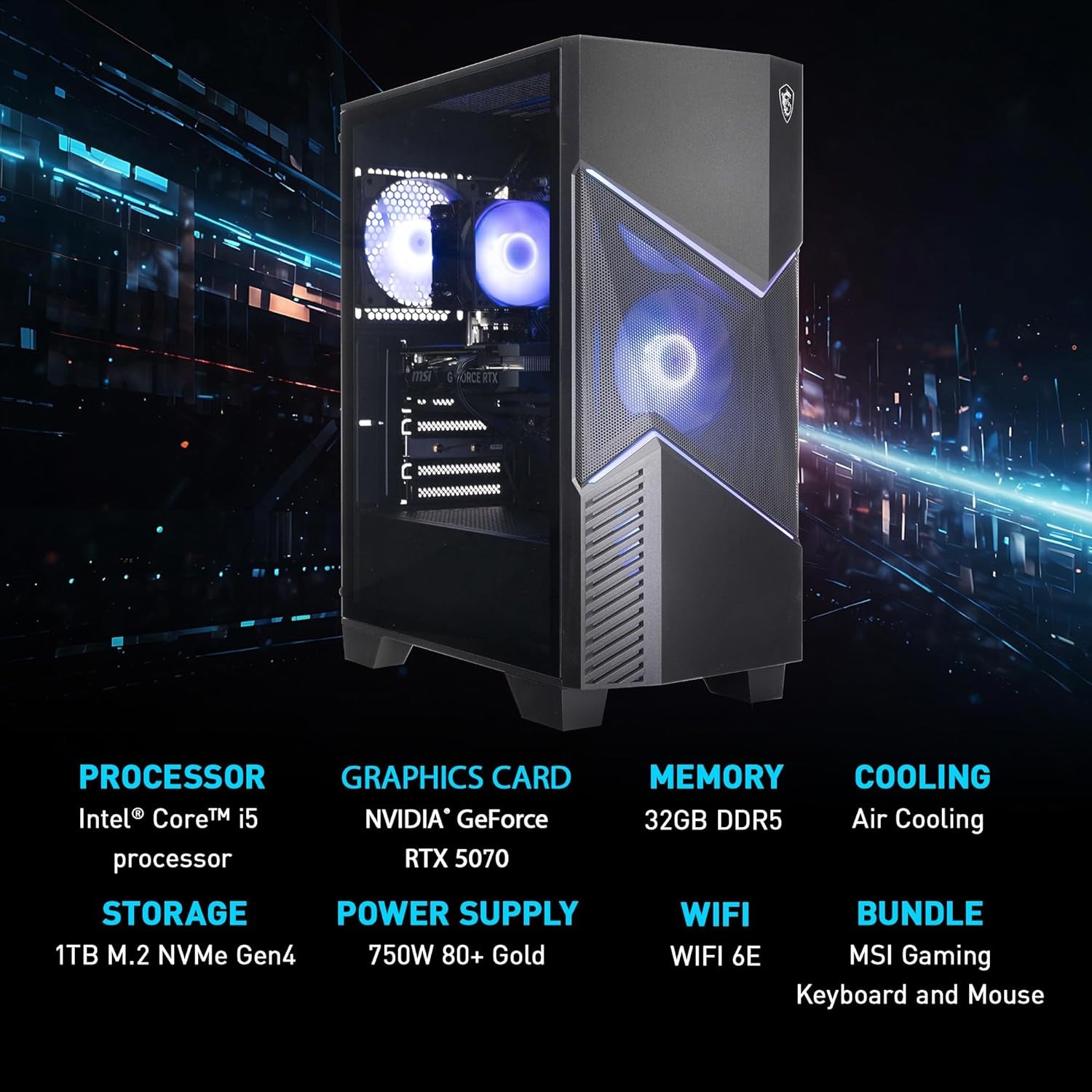 Msi Codex R2 Gaming Desktop PC | NVIDIA Geforce RTX 5070 12GB | Intel Core I5-14400F | 32GB DDR5 RAM | 1TB Nvme SSD | Air Cooling | Wi-Fi 6E | Windows 11 Home | VR Ready | D14NVP5-613US