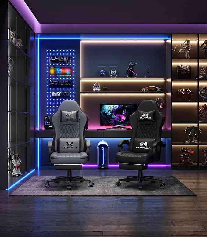 Gamtimer gaming chair with footrest, ergonomic computer chair, gray with LED-lit gaming room background