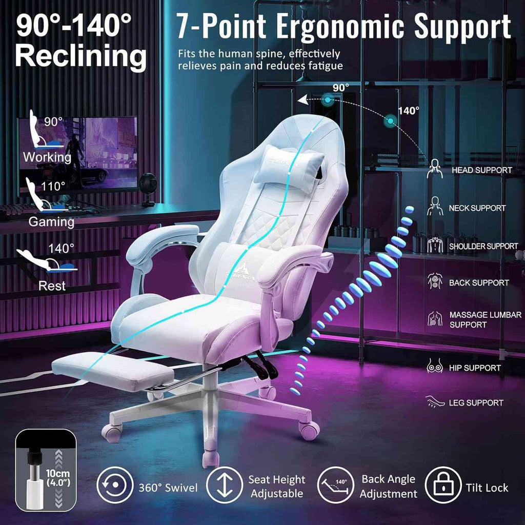 Ergonomic gaming chair with 90-140° reclining, lumbar pillow, and adjustable height for comfort