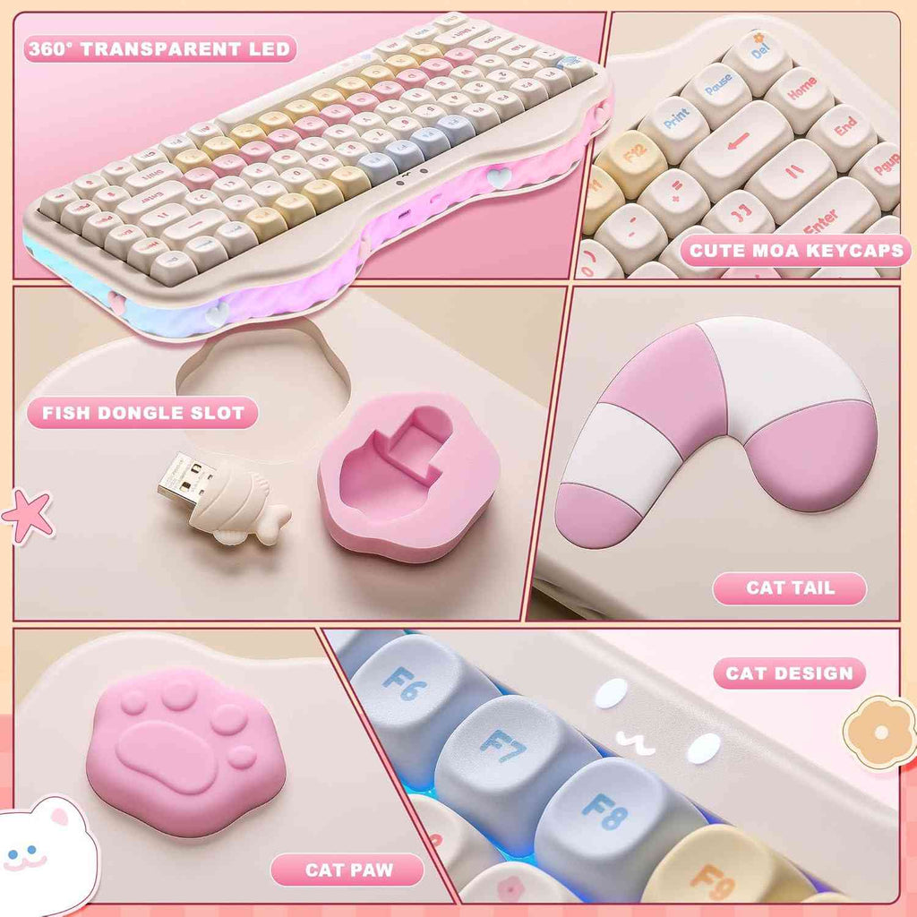Vibrant RGB backlit mechanical keyboard with cute pastel keycaps on pink desk
