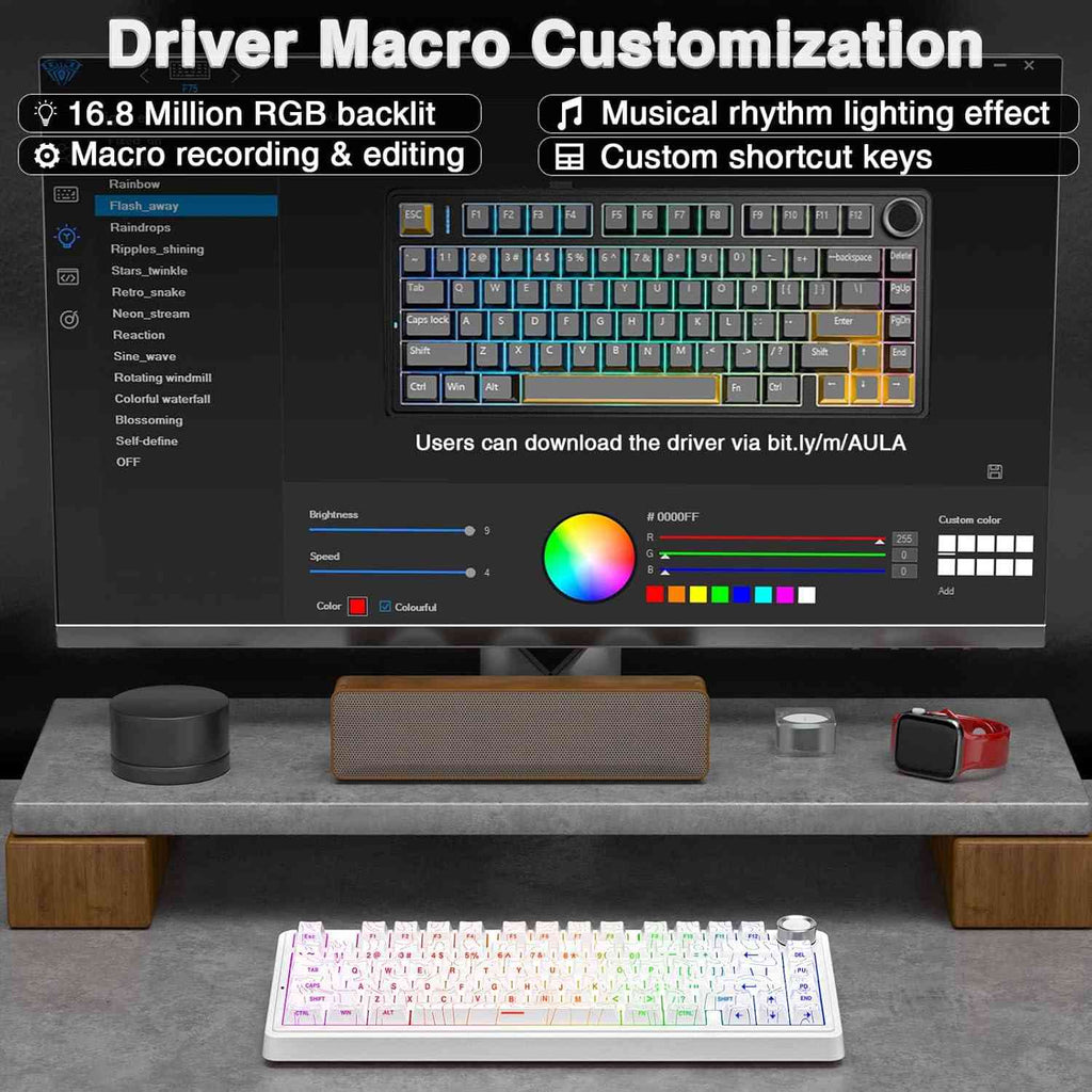 Wireless mechanical keyboard with customizable RGB lighting and macro features