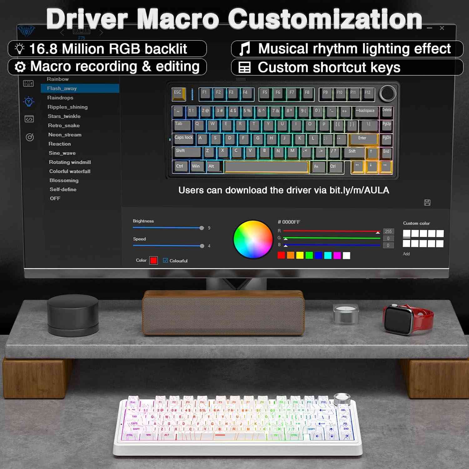 Wireless mechanical keyboard with customizable RGB lighting and macro features
