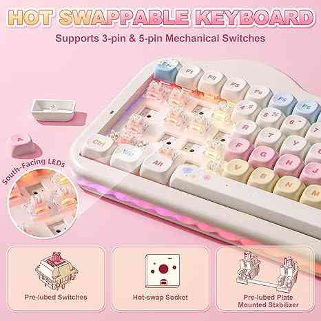 Pink cute mechanical keyboard with colorful keycaps and RGB lighting