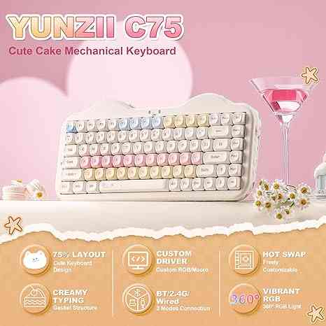 YUNZII C75 cute mechanical keyboard with wireless, RGB, and compact design