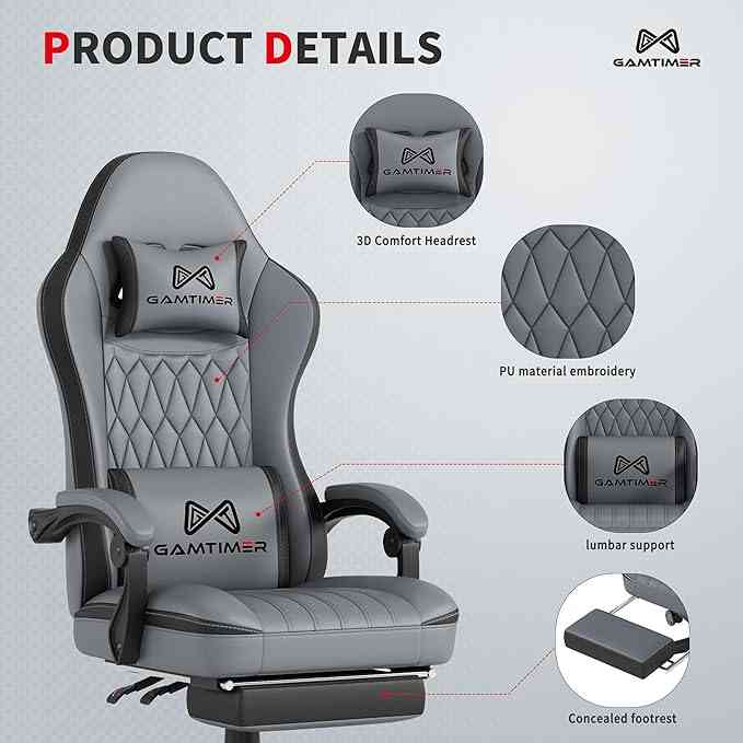 Product details of ergonomic gaming chair with headrest and PU material