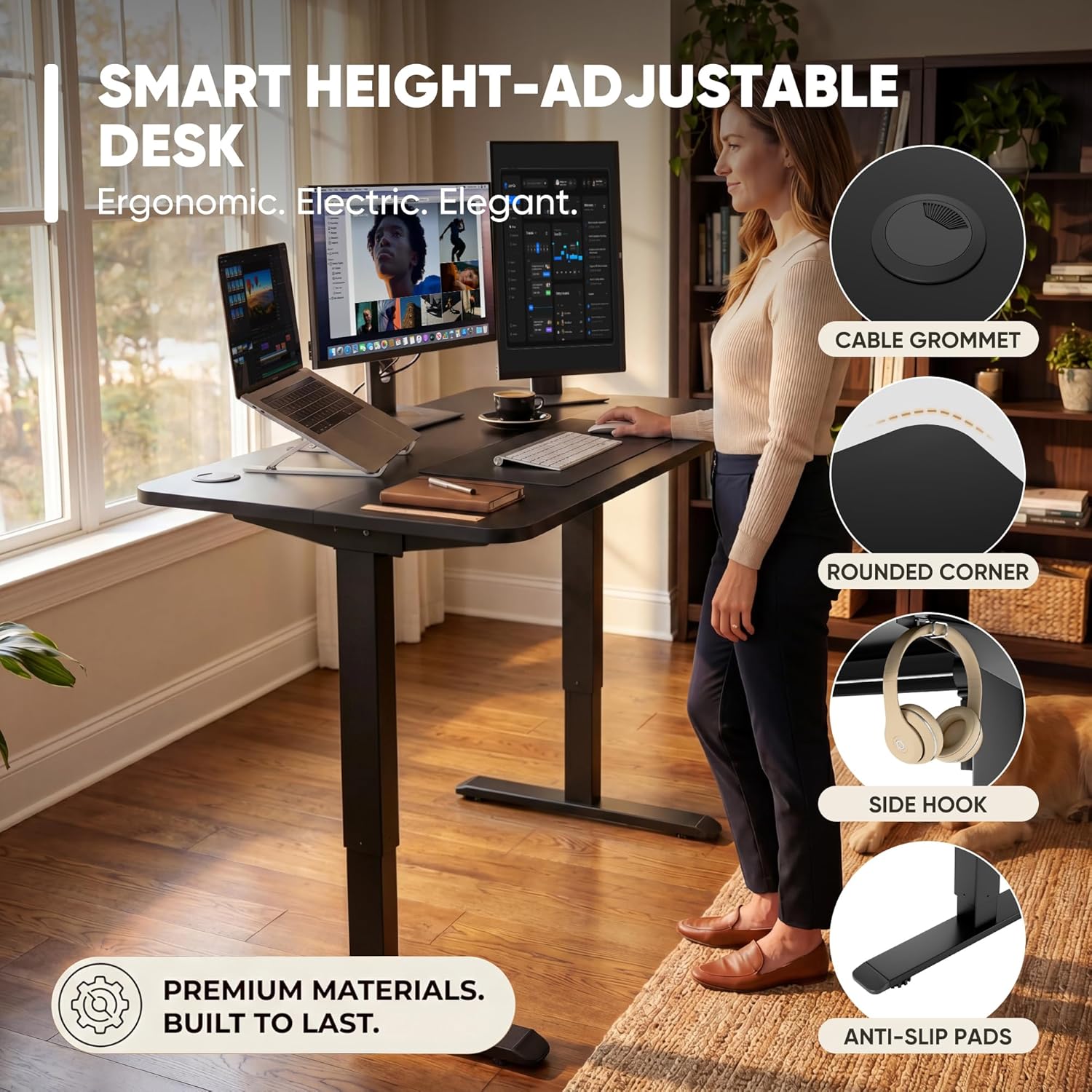 55 X 24 Inches Electric Height Adjustable Standing Desk Large Sit Stand up Desk Home Office Computer Desk Memory Preset with T-Shaped Metal Bracket, Black