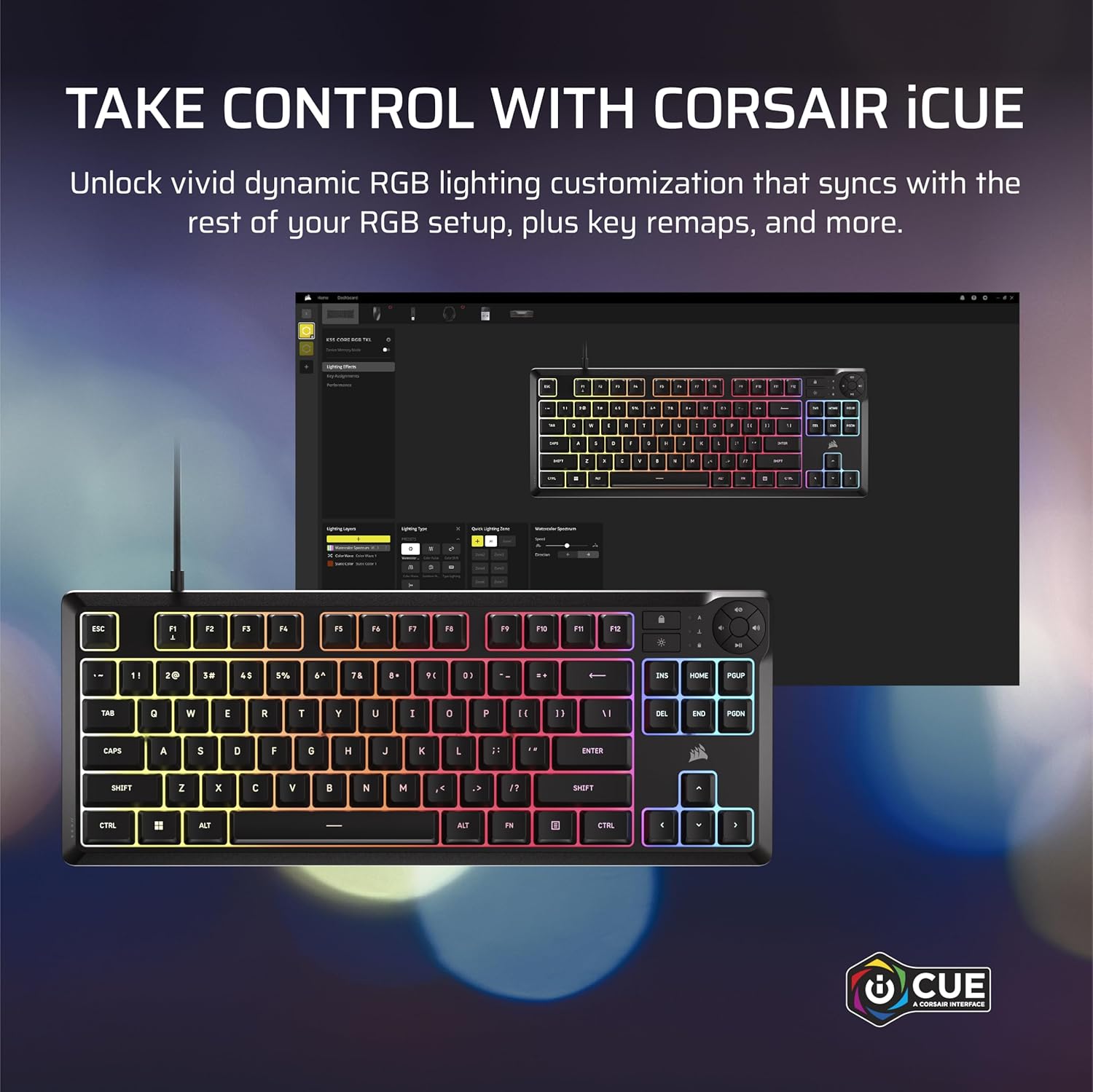 Corsair K55 CORE TKL RGB Gaming Keyboard – Tenkeyless, 8-Zone RGB, Quiet Membrane Keys, Spill Resistant, Media Keys, 1000Hz Polling – NA Layout – Black