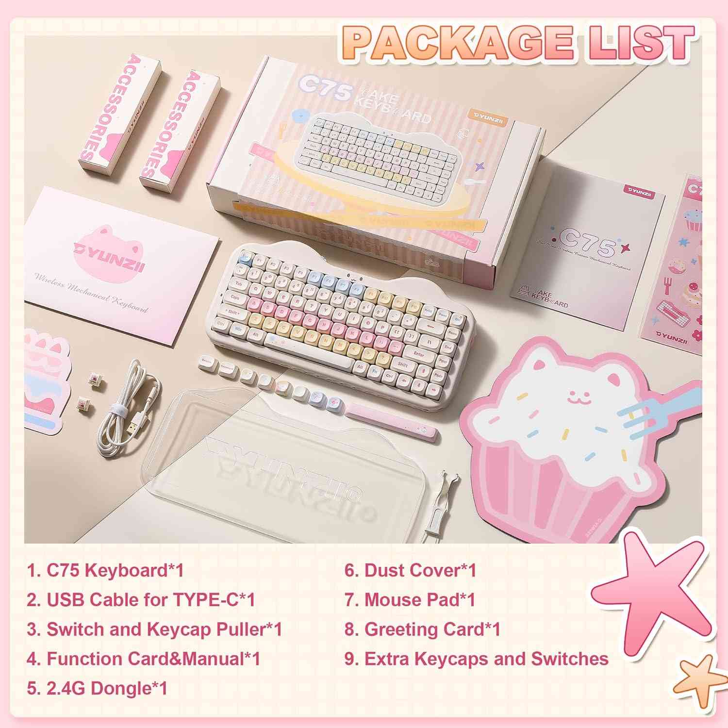 YUNZII C75 wireless mechanical keyboard with pastel-colored keycaps and packaging