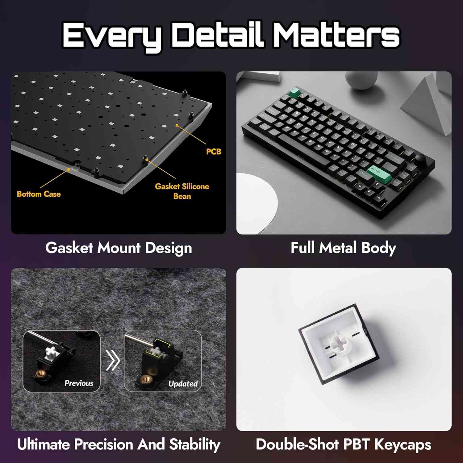Close-up of mechanical keyboard with RGB backlit keys and full metal body