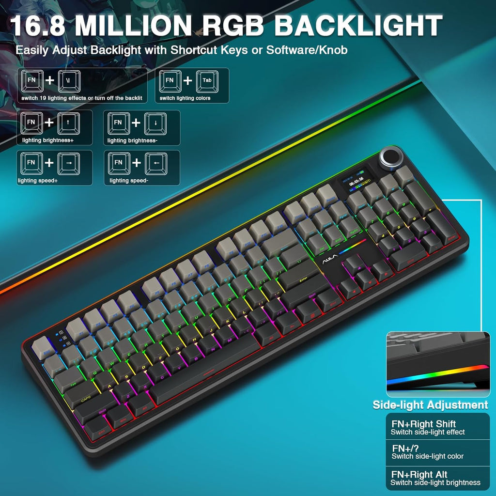 F108 PRO - Wireless Mechanical Keyboard with Screen & Knob,Full Size Keyboard with 8000Mah Battery,Pre-Lubed Switches,Side Printed PBT Keycaps,Rgb Backlit Hot Swappable Custom Gaming Keyboards