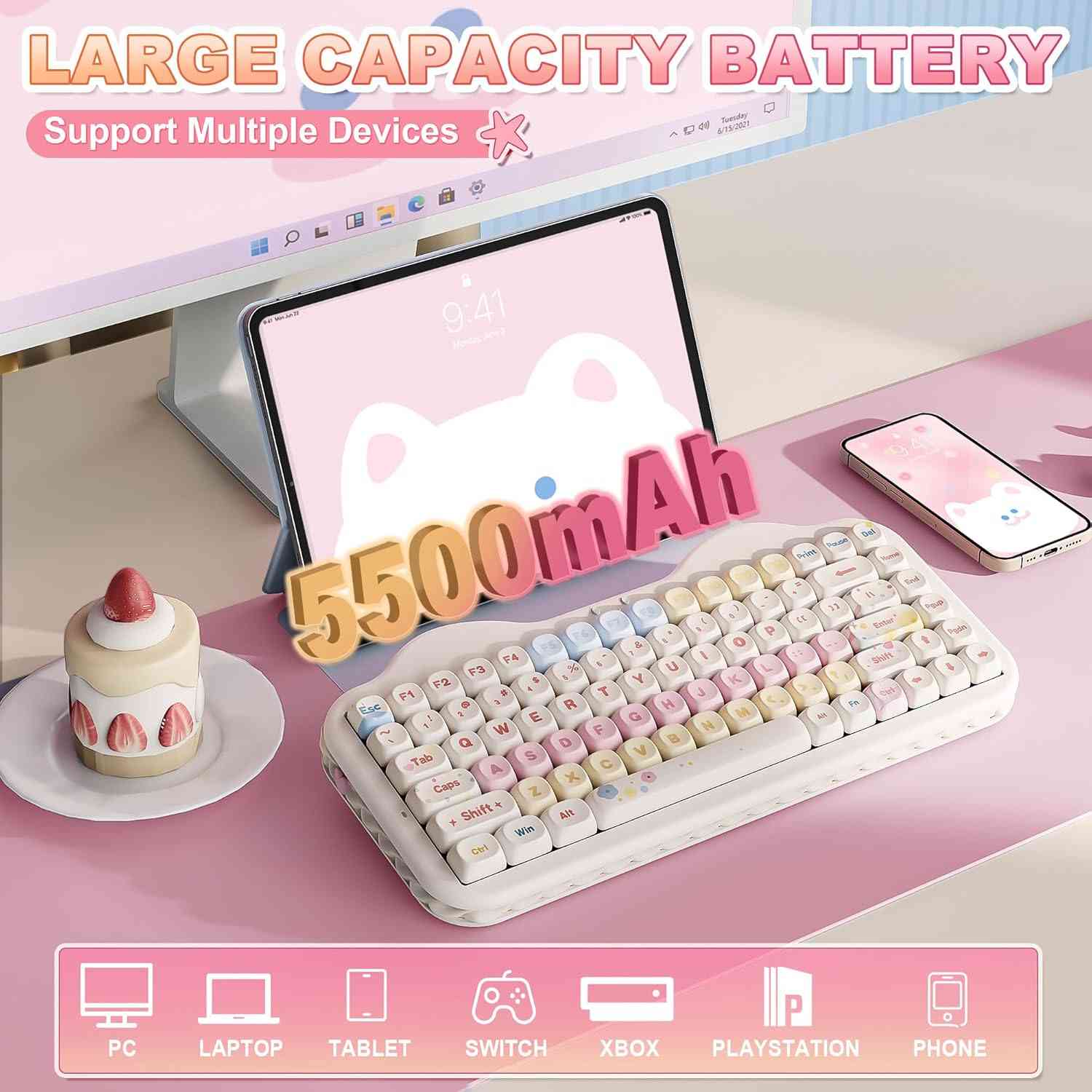 Pink mechanical keyboard with colorful backlit and support for multiple devices
