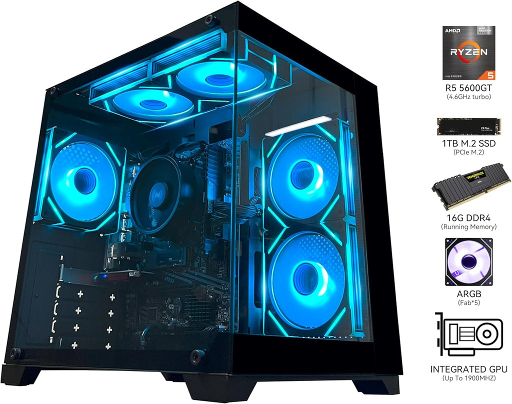 Gaming PC Desktop Computer AMD R5 5600GT 16GB 1TB Nvme Towers Wifi | 16GB DDR4 3200Mhz, 1TB M.2 Nvme Pcie, 550W 80PLUS PSU, Wifi BT, Game Design Office Console