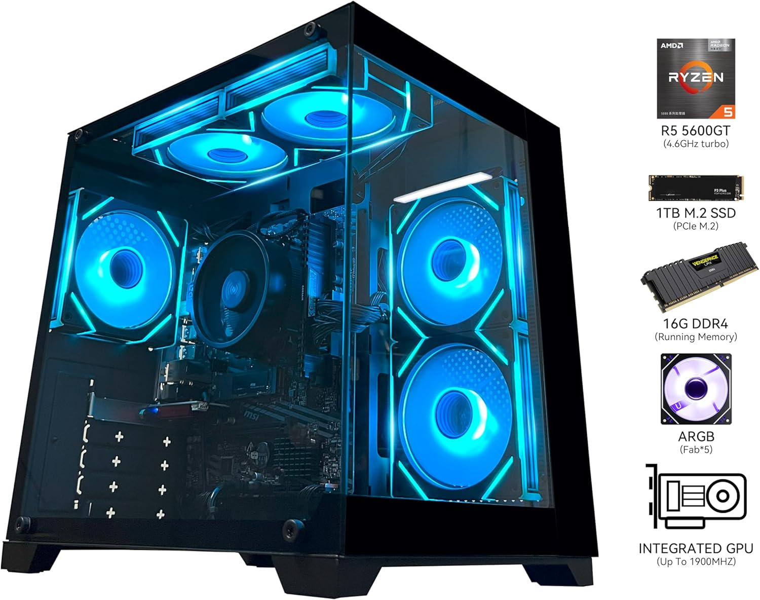 Gaming PC Desktop Computer AMD R5 5600GT 16GB 1TB Nvme Towers Wifi | 16GB DDR4 3200Mhz, 1TB M.2 Nvme Pcie, 550W 80PLUS PSU, Wifi BT, Game Design Office Console