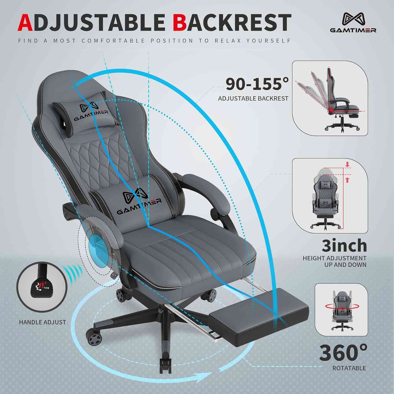 Adjustable gaming chair with 360-degree rotatable seat and height control