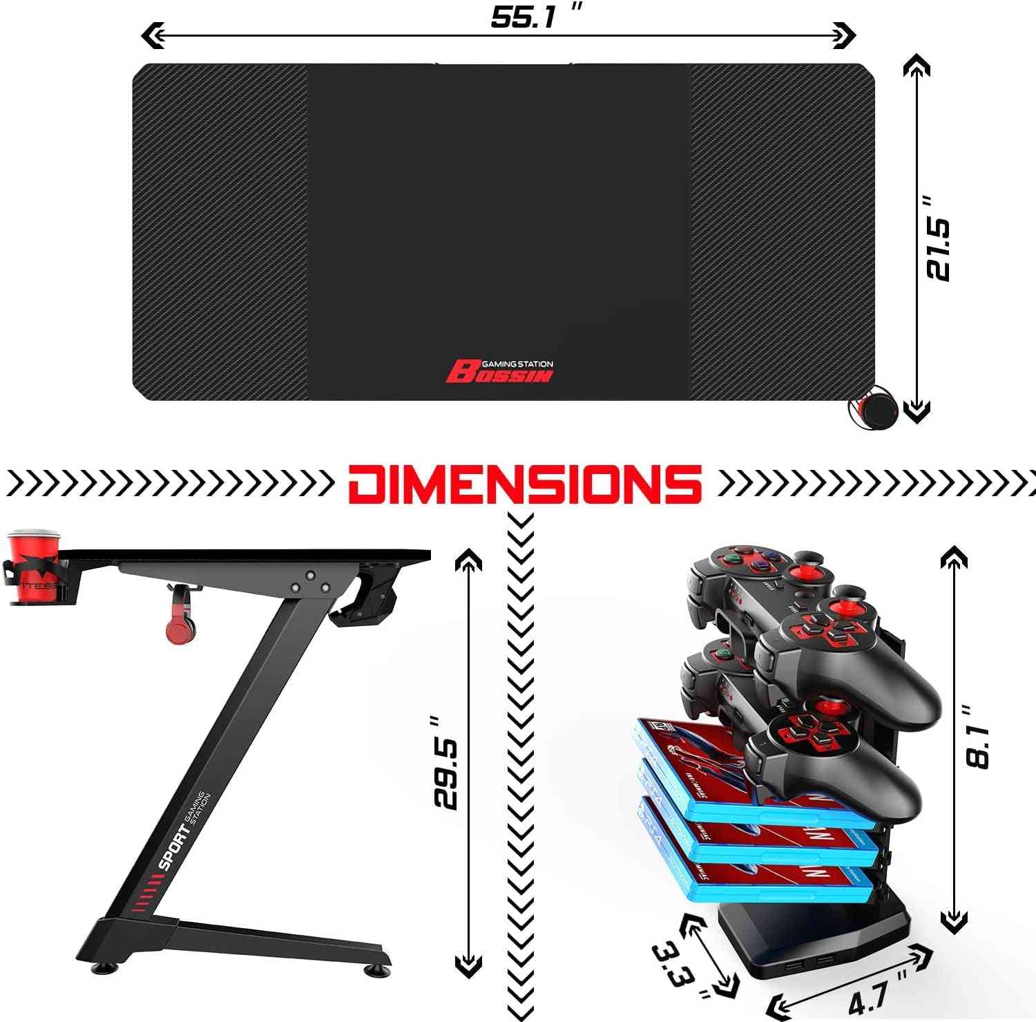 Ergonomic Gaming Desk 55 Inch, Z Shaped Office PC Computer Desk with Mouse Pad, Gamer Tables with Gaming Handle Rack, Cup Holder Headphone Hook